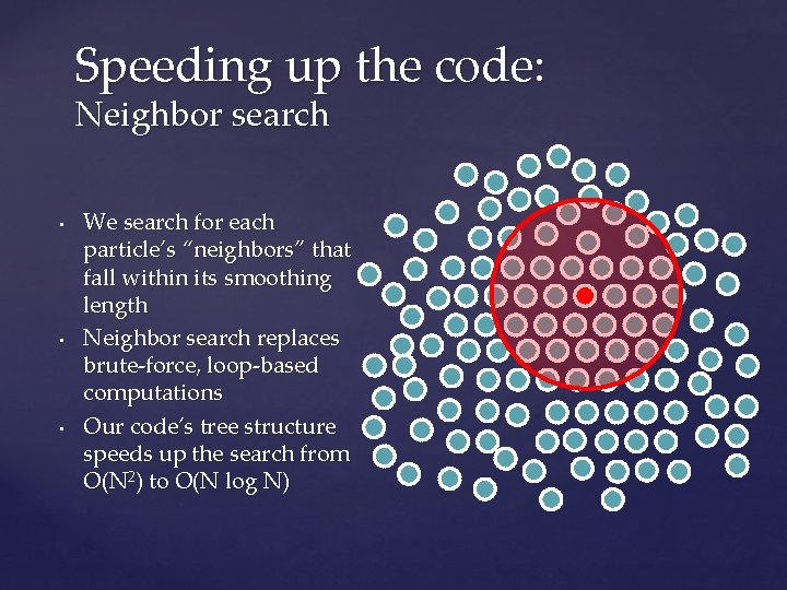 Speeding up the code: Neighbor search • • • We search for each particle’s