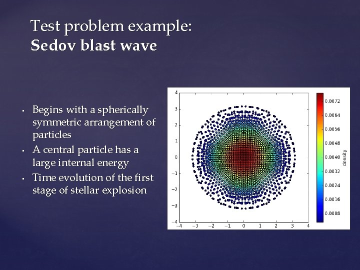 Test problem example: Sedov blast wave • • • Begins with a spherically symmetric