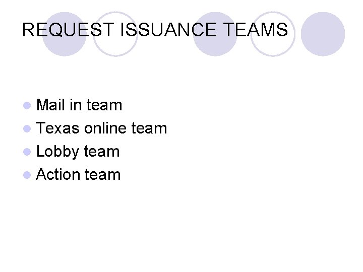 REQUEST ISSUANCE TEAMS l Mail in team l Texas online team l Lobby team REQUEST ISSUANCE TEAMS l Mail in team l Texas online team l Lobby team