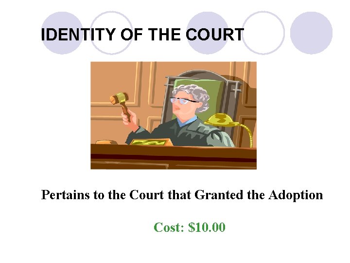 IDENTITY OF THE COURT Pertains to the Court that Granted the Adoption Cost: $10. IDENTITY OF THE COURT Pertains to the Court that Granted the Adoption Cost: $10.