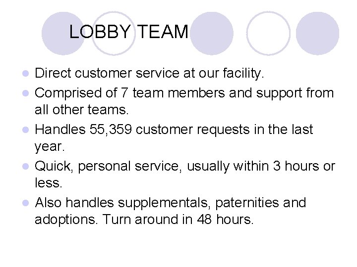 LOBBY TEAM l l l Direct customer service at our facility. Comprised of 7 LOBBY TEAM l l l Direct customer service at our facility. Comprised of 7