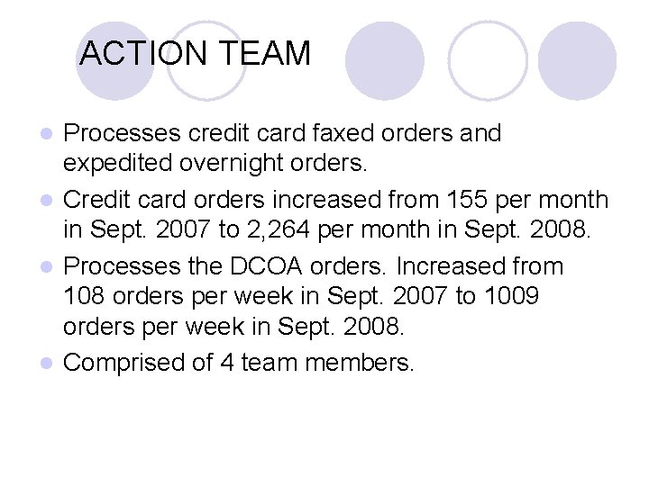 ACTION TEAM Processes credit card faxed orders and expedited overnight orders. l Credit card ACTION TEAM Processes credit card faxed orders and expedited overnight orders. l Credit card