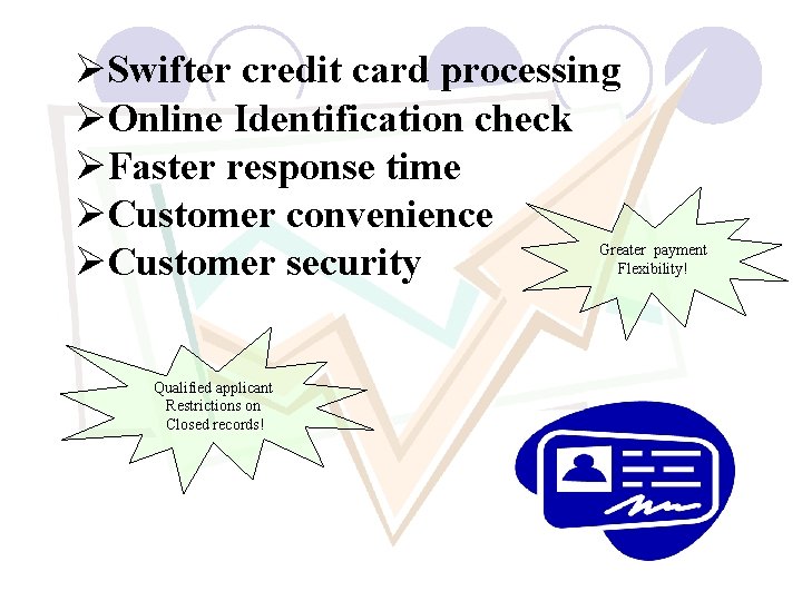 ØSwifter credit card processing ØOnline Identification check ØFaster response time ØCustomer convenience ØCustomer security ØSwifter credit card processing ØOnline Identification check ØFaster response time ØCustomer convenience ØCustomer security