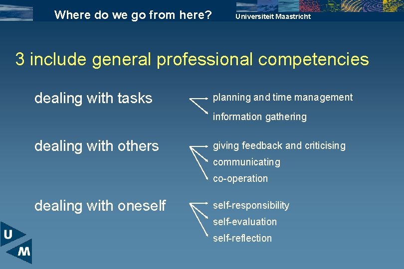 Where do we go from here? Universiteit Maastricht 3 include general professional competencies dealing