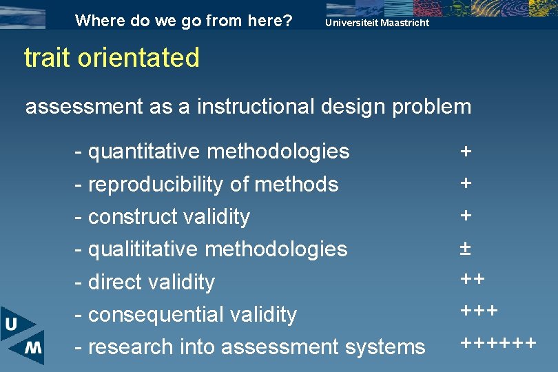 Where do we go from here? Universiteit Maastricht trait orientated assessment as a instructional