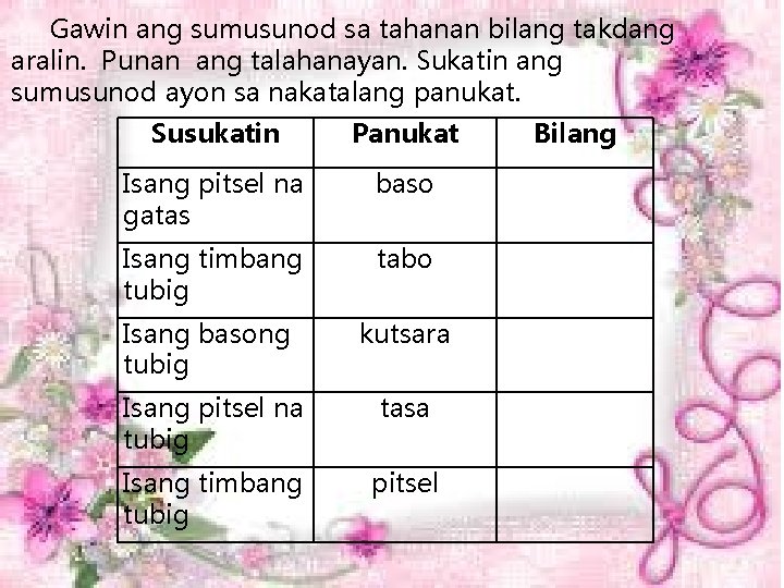 Gawin ang sumusunod sa tahanan bilang takdang aralin. Punan ang talahanayan. Sukatin ang sumusunod