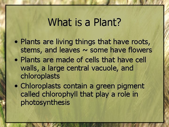 What is a Plant? • Plants are living things that have roots, stems, and