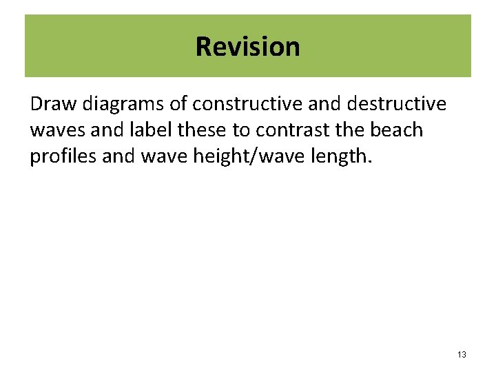 Revision Draw diagrams of constructive and destructive waves and label these to contrast the