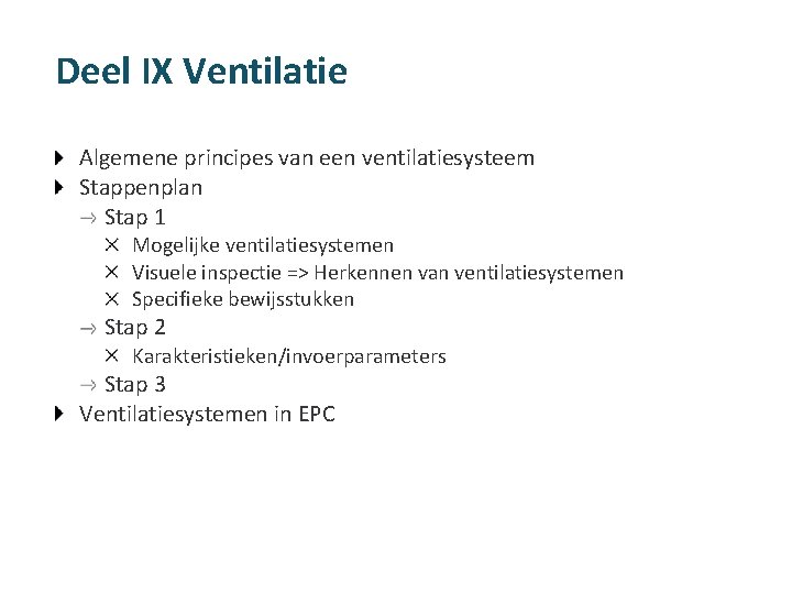 Deel IX Ventilatie Algemene principes van een ventilatiesysteem Stappenplan Stap 1 Mogelijke ventilatiesystemen Visuele