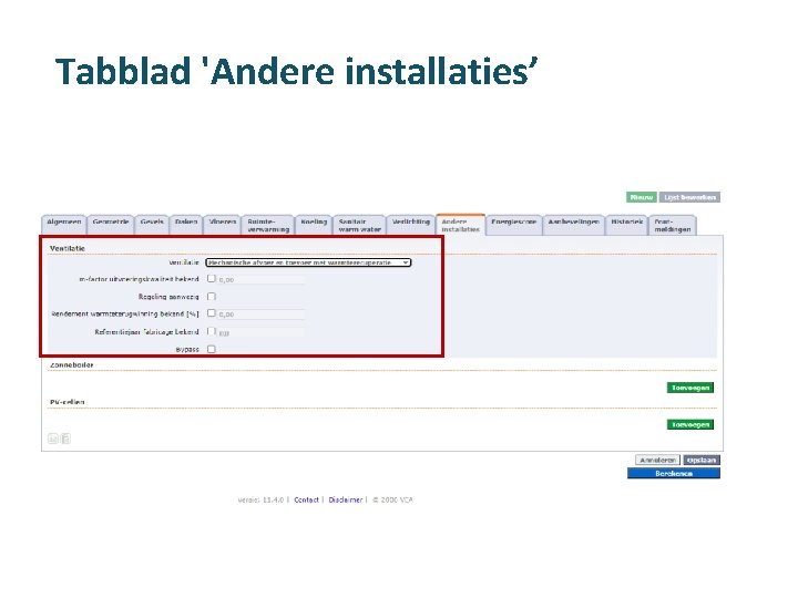 Tabblad 'Andere installaties’ 