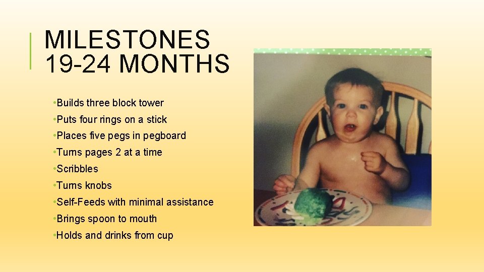 MILESTONES 19 -24 MONTHS • Builds three block tower • Puts four rings on
