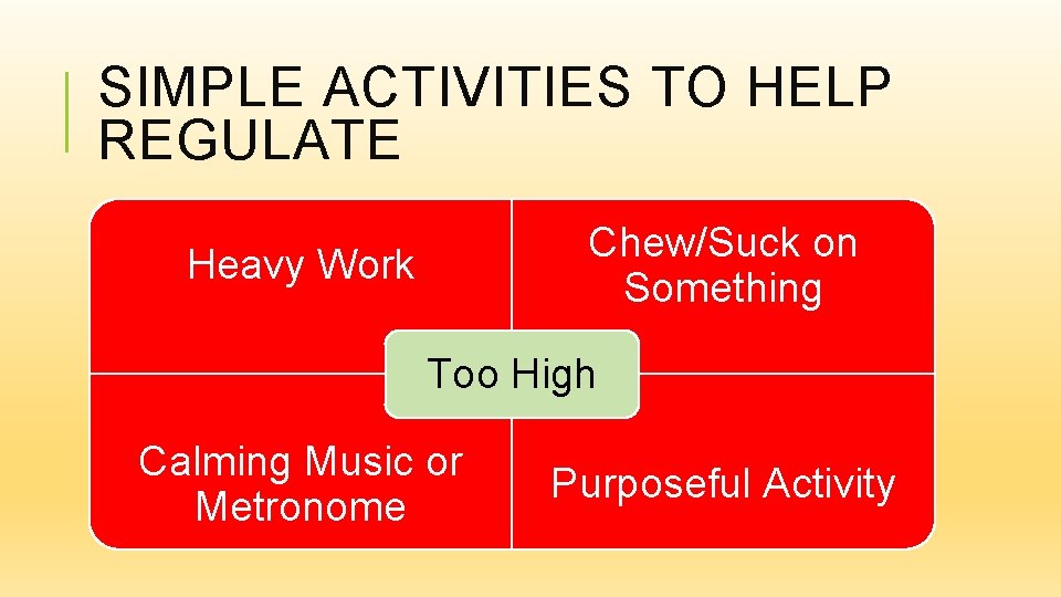 SIMPLE ACTIVITIES TO HELP REGULATE Chew/Suck on Something Heavy Work Too High Calming Music