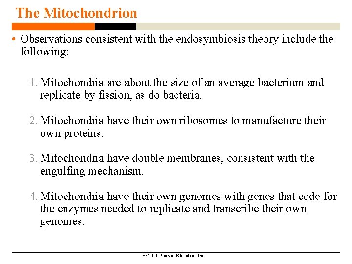 The Mitochondrion • Observations consistent with the endosymbiosis theory include the following: 1. Mitochondria The Mitochondrion • Observations consistent with the endosymbiosis theory include the following: 1. Mitochondria