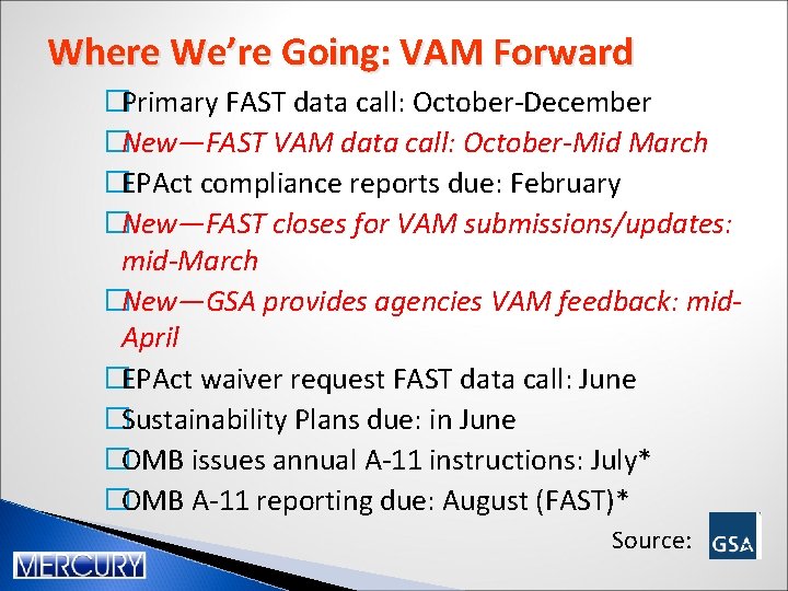 Where We’re Going: VAM Forward �Primary FAST data call: October-December �New—FAST VAM data call: Where We’re Going: VAM Forward �Primary FAST data call: October-December �New—FAST VAM data call: