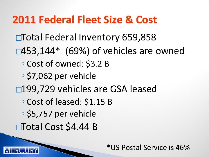 2011 Federal Fleet Size & Cost �Total Federal Inventory 659, 858 � 453, 144* 2011 Federal Fleet Size & Cost �Total Federal Inventory 659, 858 � 453, 144*