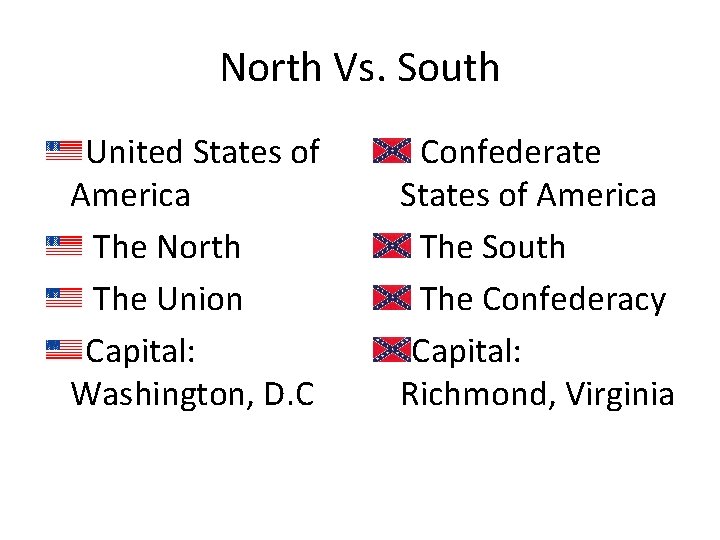North Vs. South United States of America The North The Union Capital: Washington, D.