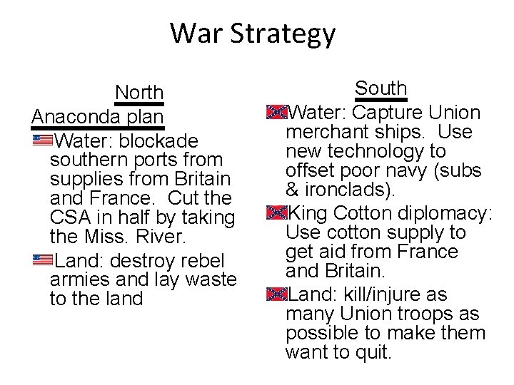 War Strategy North Anaconda plan Water: blockade southern ports from supplies from Britain and