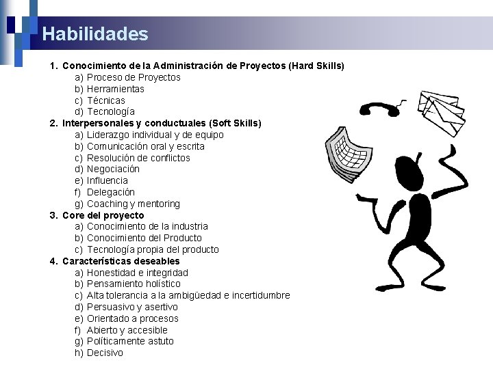 Habilidades 1. Conocimiento de la Administración de Proyectos (Hard Skills) a) Proceso de Proyectos