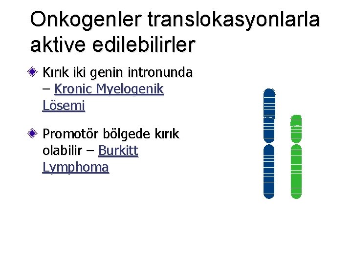 Onkogenler translokasyonlarla aktive edilebilirler Kırık iki genin intronunda – Kronic Myelogenik Lösemi Promotör bölgede