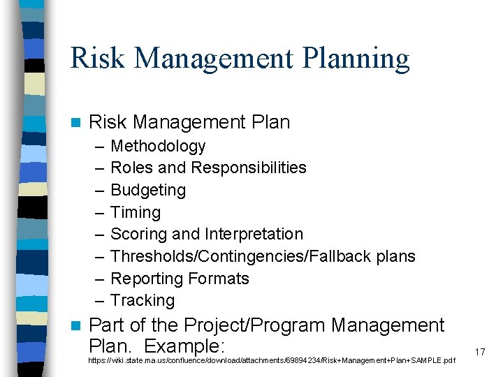 Risk Management Planning n Risk Management Plan – – – – n Methodology Roles