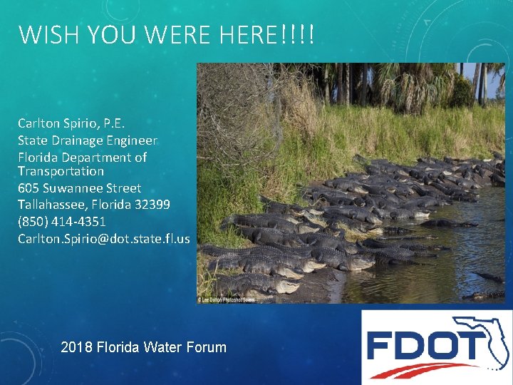 WISH YOU WERE HERE!!!! Carlton Spirio, P. E. State Drainage Engineer Florida Department of