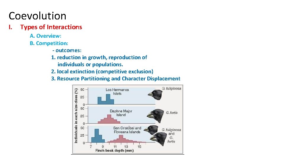 Coevolution I. Types of Interactions A. Overview: B. Competition: - outcomes: 1. reduction in