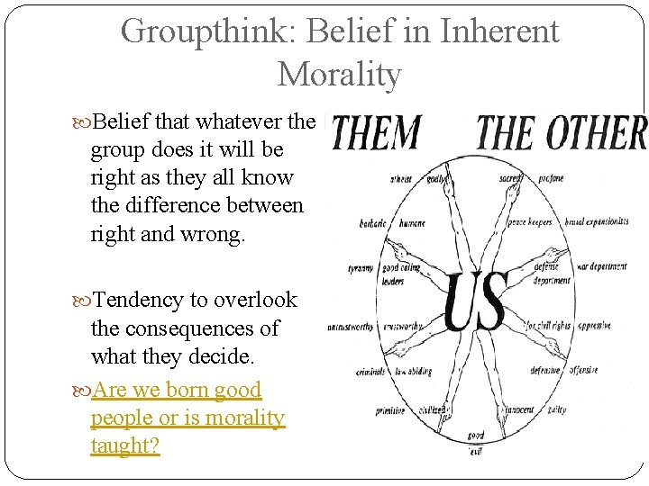 Groupthink: Belief in Inherent Morality Belief that whatever the group does it will be