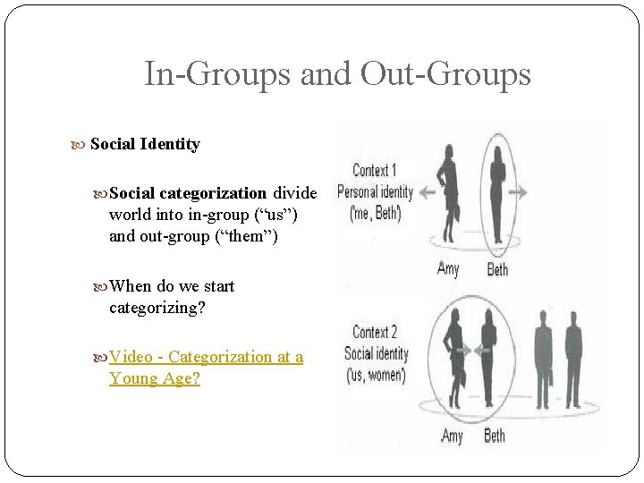 In-Groups and Out-Groups Social Identity Social categorization divide world into in-group (“us”) and out-group
