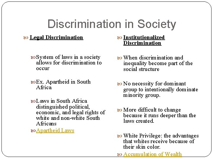 Discrimination in Society Legal Discrimination Institutionalized Discrimination System of laws in a society When