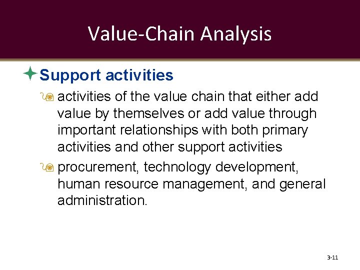 Value-Chain Analysis Support activities of the value chain that either add value by themselves
