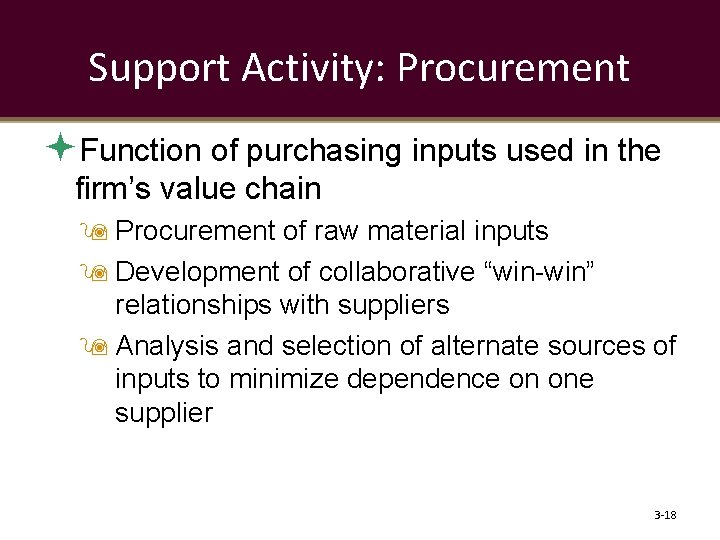Support Activity: Procurement Function of purchasing inputs used in the firm’s value chain Procurement