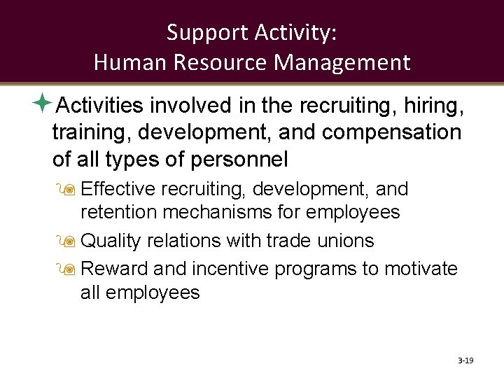 Support Activity: Human Resource Management Activities involved in the recruiting, hiring, training, development, and