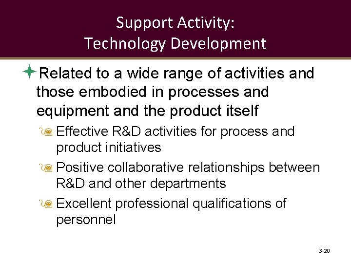 Support Activity: Technology Development Related to a wide range of activities and those embodied
