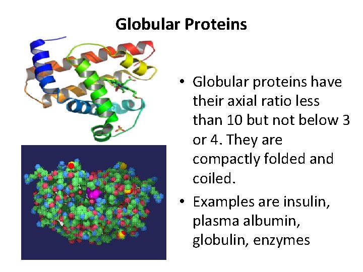 Globular Proteins • Globular proteins have their axial ratio less than 10 but not