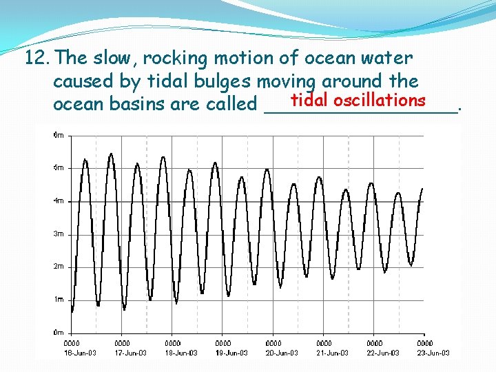 12. The slow, rocking motion of ocean water caused by tidal bulges moving around 12. The slow, rocking motion of ocean water caused by tidal bulges moving around