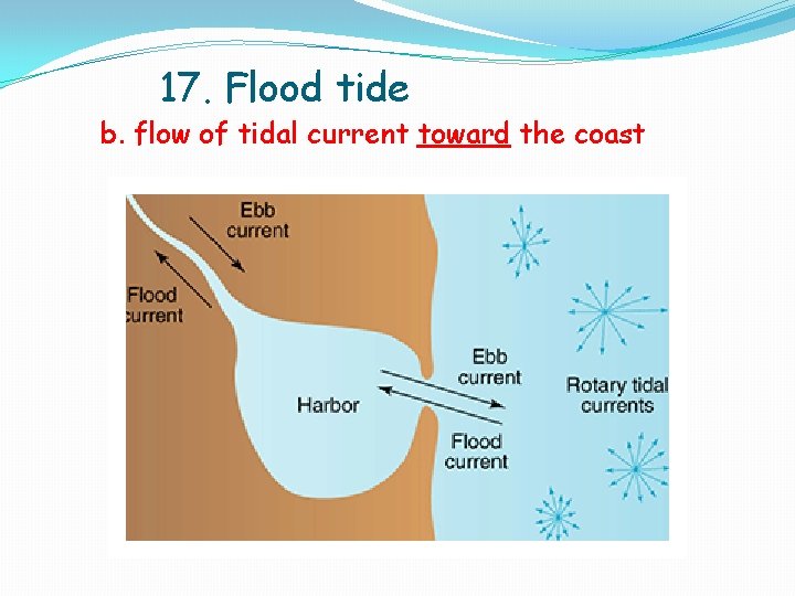 17. Flood tide b. flow of tidal current toward the coast 17. Flood tide b. flow of tidal current toward the coast