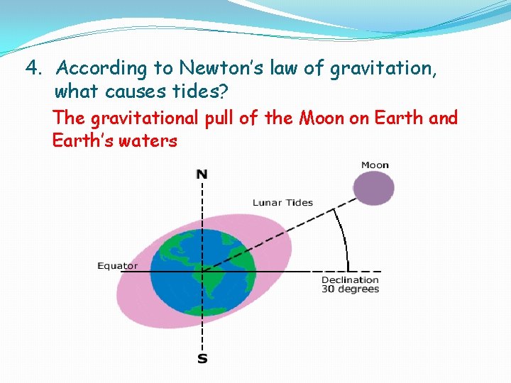 4. According to Newton’s law of gravitation, what causes tides? The gravitational pull of 4. According to Newton’s law of gravitation, what causes tides? The gravitational pull of