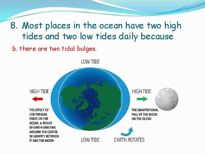 8. Most places in the ocean have two high tides and two low tides 8. Most places in the ocean have two high tides and two low tides