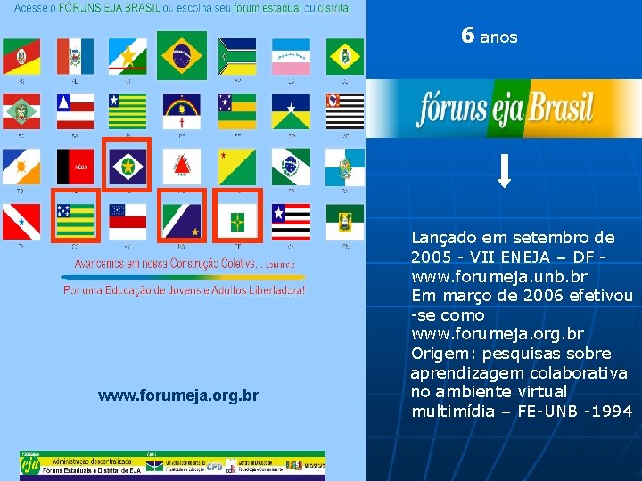 6 anos www. forumeja. org. br Lançado em setembro de 2005 - VII ENEJA