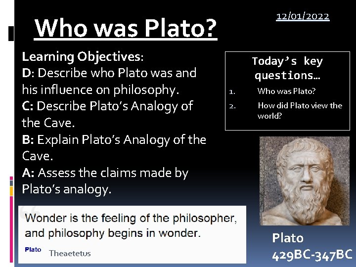 12/01/2022 Who was Plato? Learning Objectives: D: Describe who Plato was and his influence