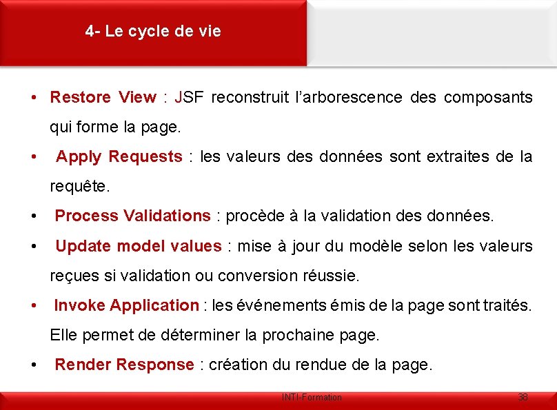 4 - Le cycle de vie • Restore View : JSF reconstruit l’arborescence des