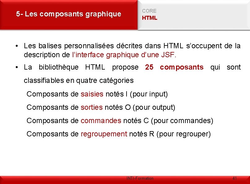 CORE 5 - Les composants graphique HTML • Les balises personnalisées décrites dans HTML