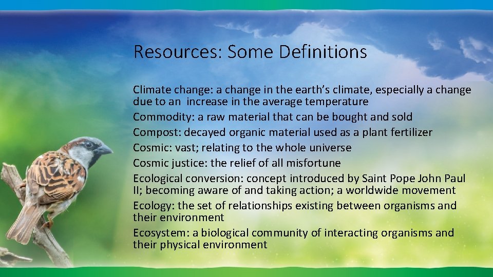 Resources: Some Definitions Climate change: a change in the earth’s climate, especially a change