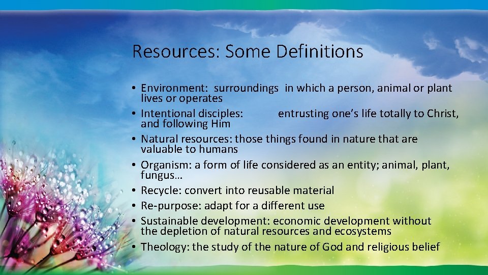 Resources: Some Definitions • Environment: surroundings in which a person, animal or plant lives