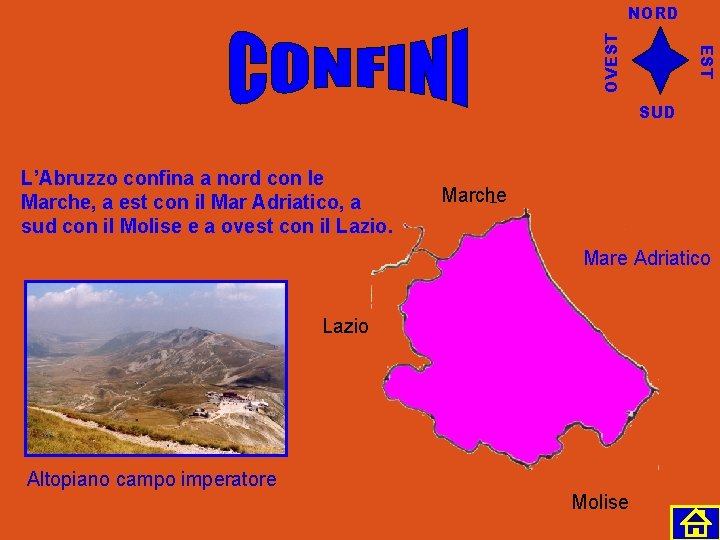 EST OVEST NORD SUD L’Abruzzo confina a nord con le Marche, a est con