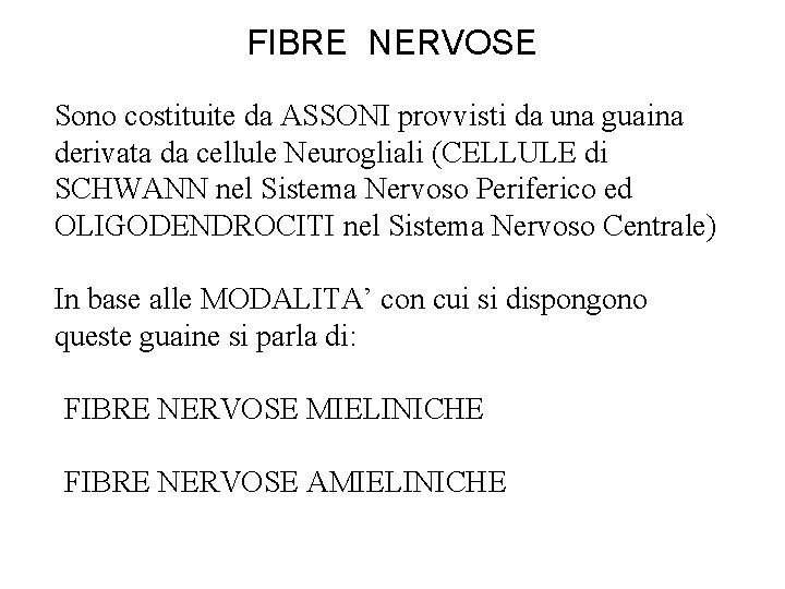 FIBRE NERVOSE Sono costituite da ASSONI provvisti da una guaina derivata da cellule Neurogliali