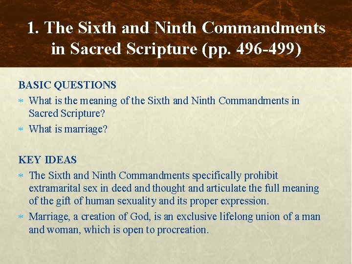 1. The Sixth and Ninth Commandments in Sacred Scripture (pp. 496 -499) BASIC QUESTIONS