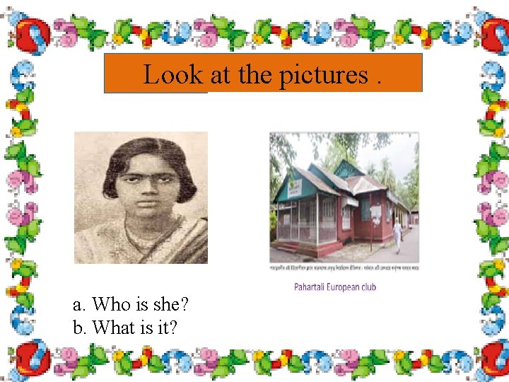 Look at the pictures. a. Who is she? b. What is it? 