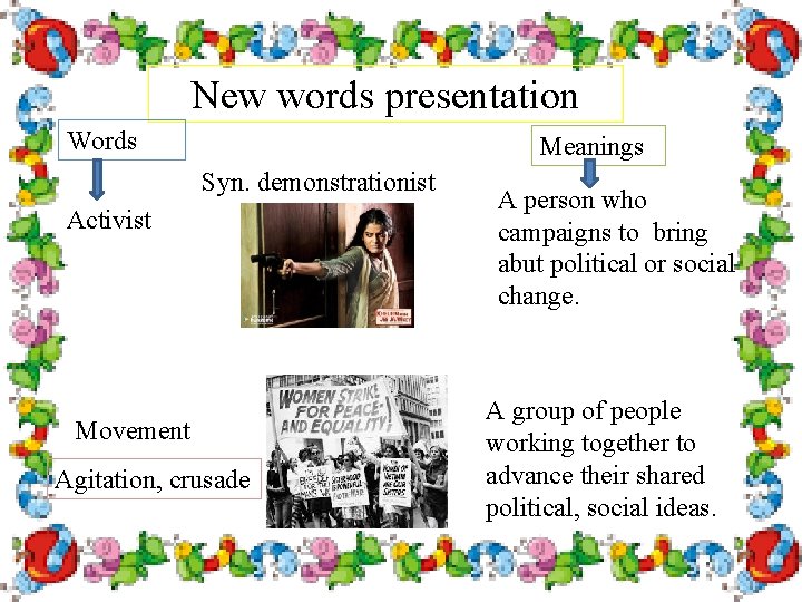 New words presentation Words Meanings Syn. demonstrationist Activist Movement Agitation, crusade A person who
