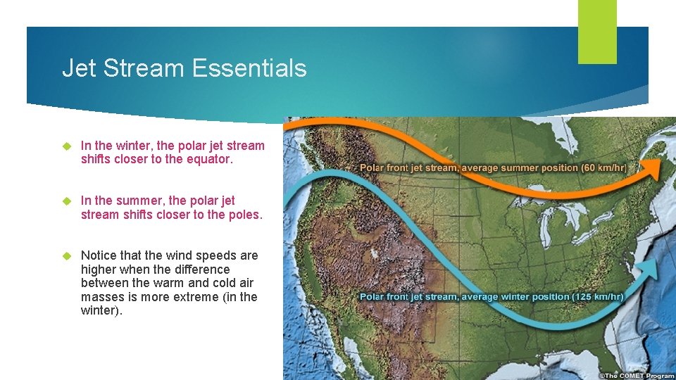 Jet Stream Essentials In the winter, the polar jet stream shifts closer to the